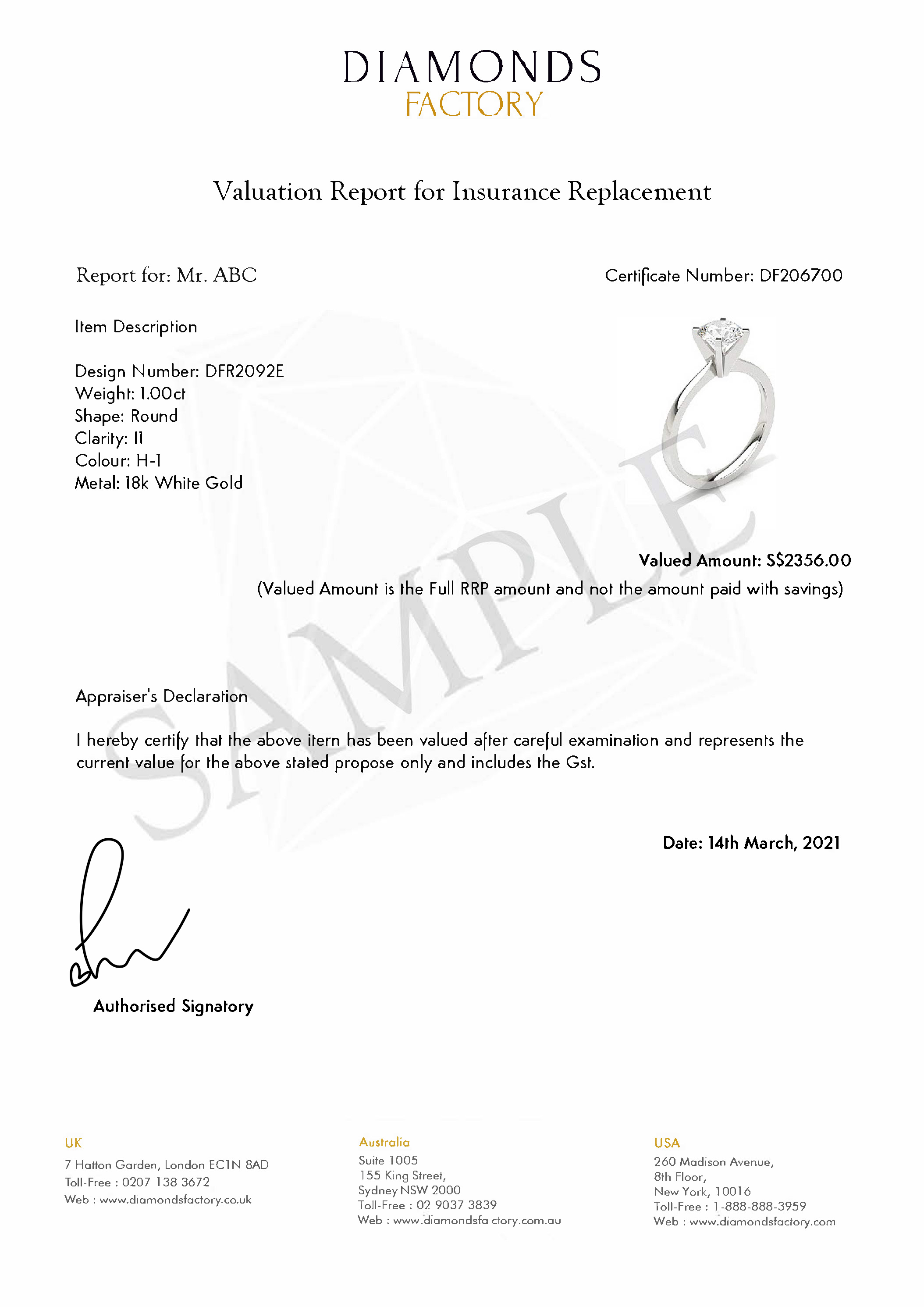 Valuation Certificate